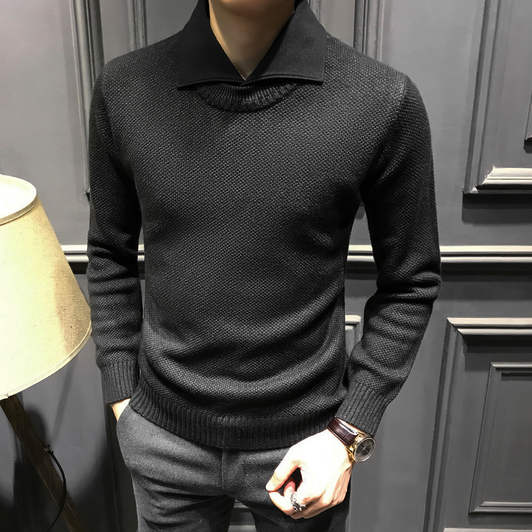 秋冬高级假两件毛衣男保罗新款修身长袖针织衫潮流百搭内搭打底衫,男装,针织衫/毛衣,淘宝优惠券,粉丝福利购,淘宝优惠卷
