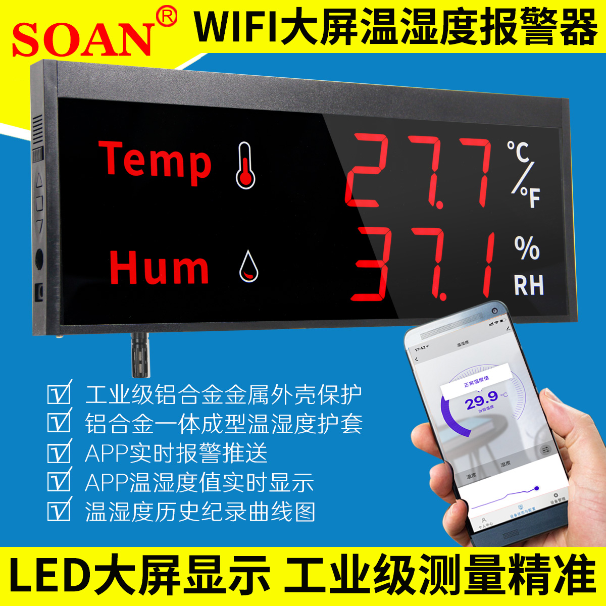 大屏温湿度报警器工业级LED显示