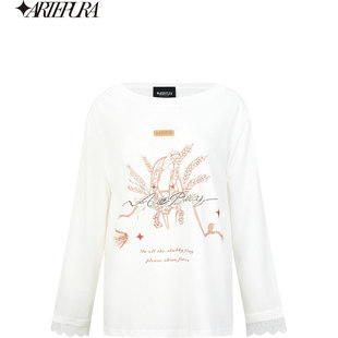 T恤女圆领设计师女装 ARTE 麦穗印花蕾丝边长袖 新品 PURA2025秋季