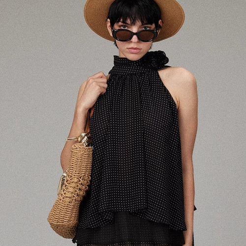 【LACERTA/莱瑟塔】25春夏新品波点雪纺立体花朵超长飘带挂脖背心