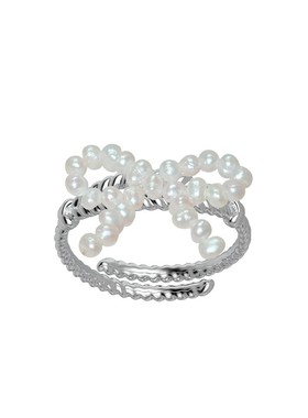 MARSEVEN 闪光派对系列珍珠蝴蝶结戒指S925银小众百搭开口戒指环