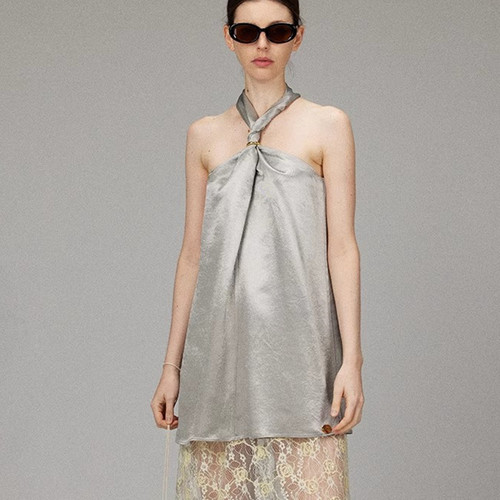 【LACERTA/莱瑟塔 设计师品牌】25夏季长裙镂空蕾丝挂脖连衣裙