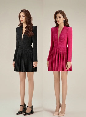 正品授权LOBBSTER X 王车车粗花呢编织百褶连衣裙黑红迷你裙立裁