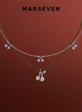 MARSEVEN 闪光派对系列做旧樱桃双层项链S925银气质高级感锁骨链