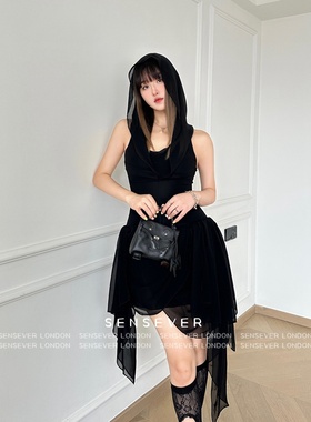 正品越南MUSTHAVE新24FW黑色连帽网纱流苏迷你荡领连衣裙