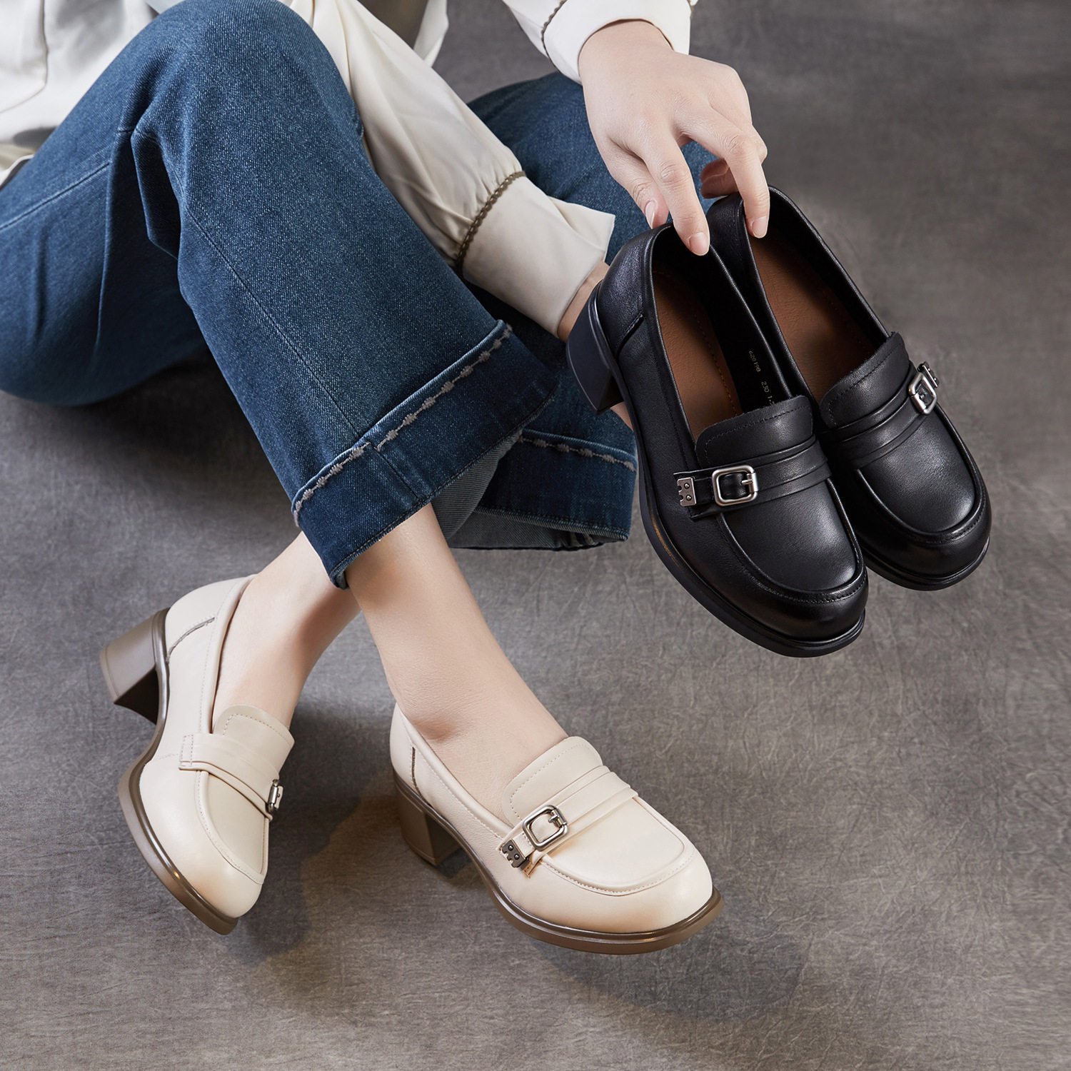 头层牛皮中跟乐福鞋女2026春新款英伦风一脚蹬小皮鞋厚底粗跟单鞋