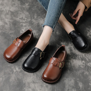 头层牛皮牛筋软底妈妈鞋春秋季宽胖脚单鞋套脚厚底皮鞋真皮勃肯鞋