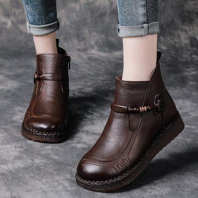 牛皮松糕厚底棉靴女低跟加绒短靴