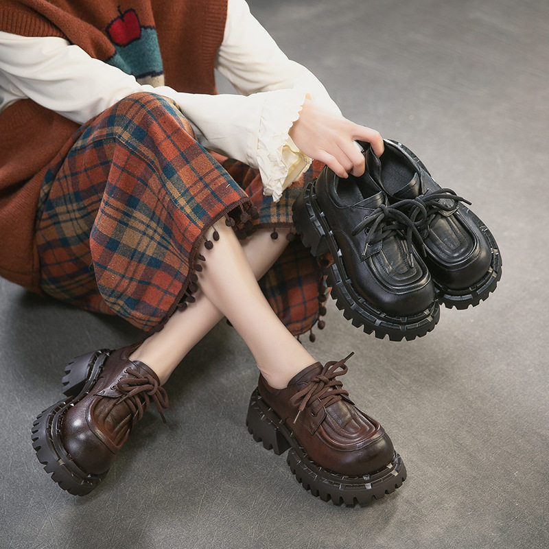 英伦风松糕厚底增高系带休闲单鞋女春秋森系百搭宽胖脚深口皮鞋潮,女鞋,深口单鞋,淘宝优惠券,粉丝福利购,淘宝优惠卷