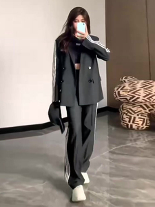 欧洲站休闲西服套装女2023秋冬新款显瘦宽松西装垂感阔腿裤两件套