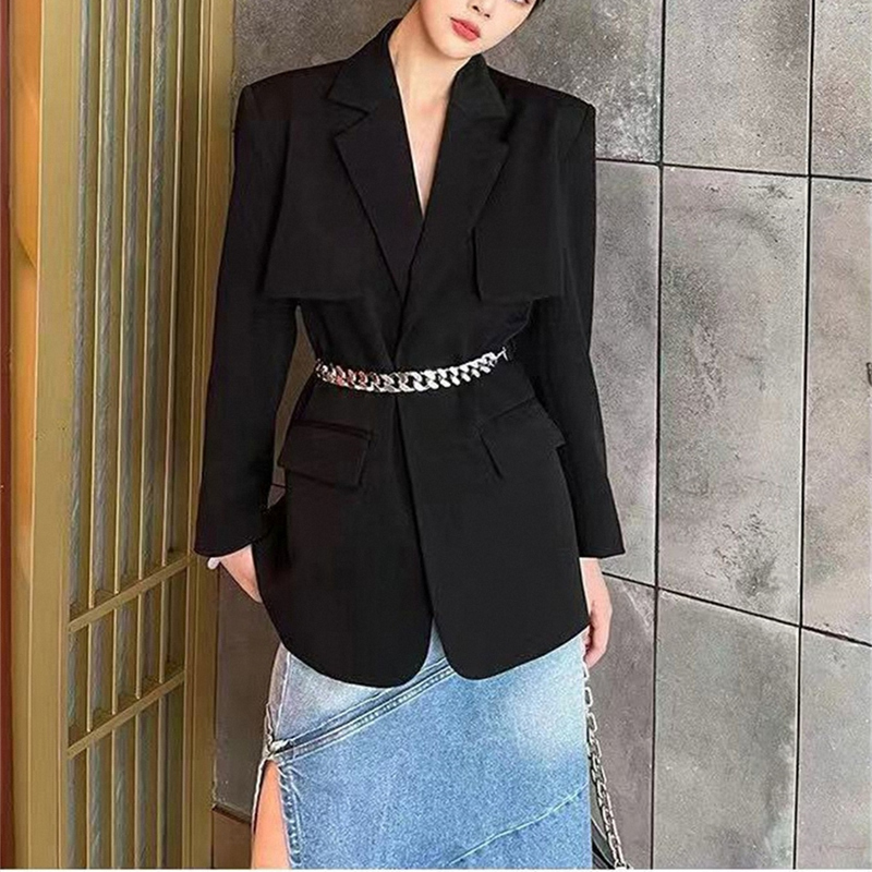 欧货网红气质中长款西装女2021秋季新款收腰显瘦上衣