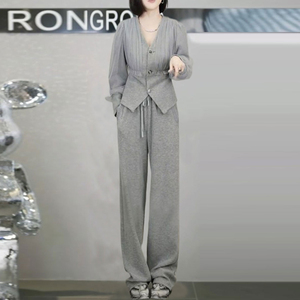 欧货2023秋冬款女装气质拼接V领上衣高腰垂感阔腿长裤套装两件套