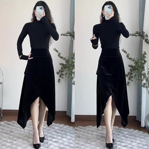 名媛时尚套装女2023秋冬新款高领长袖打底衫上衣收腰半身裙两件套