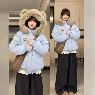 2026年新款冬季小熊耳朵棉服女加绒加厚派克服超好看可爱棉袄外套