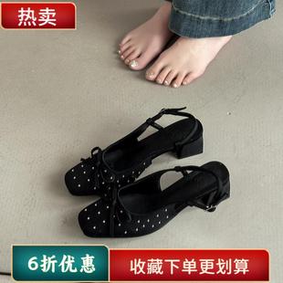 粗跟单鞋 包头凉鞋 夏外穿通勤高跟鞋 女法式 铆钉结舒适夏季