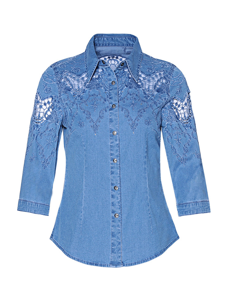 SCANDINAVIAN STYLE 2024 NEW COMFORTABLE FASHIONABLE CASUAL BLUE LACE CUT-OUT SHIRT TO ADD COLOR IN AUTUMN