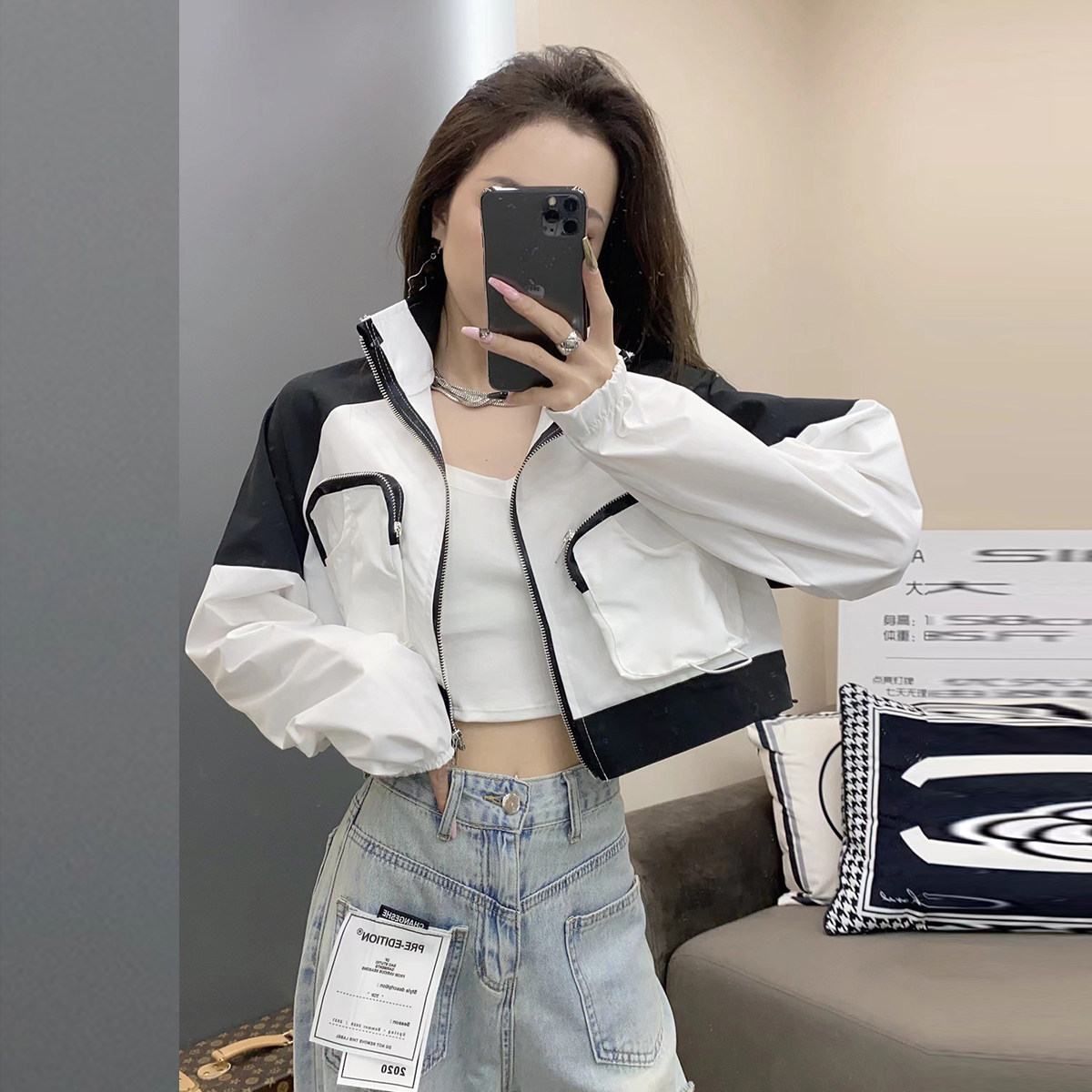 美式复古黑白撞色双口袋爆款防晒冲锋衣薄款短外套女2025春秋上衣