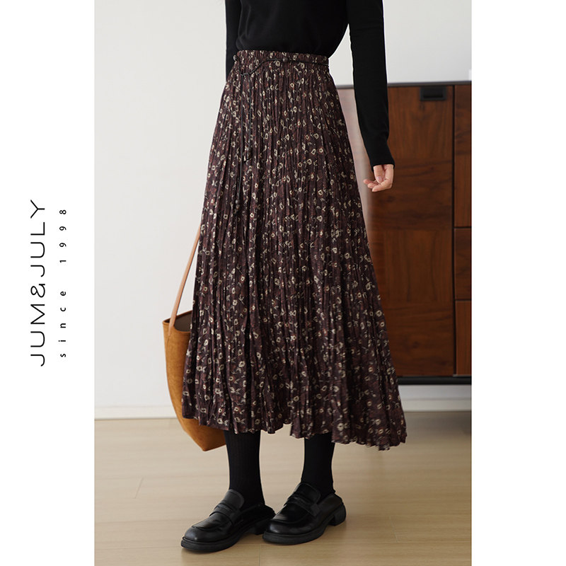 嘉茱莉复古垂坠感压褶碎花半身裙女2025秋季新款A字高腰半身长裙,女装/女士精品,半身裙,淘宝优惠券,粉丝福利购,淘宝优惠卷