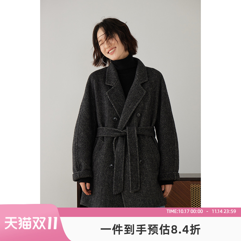 绵羊毛连帽双面毛呢外套设计感