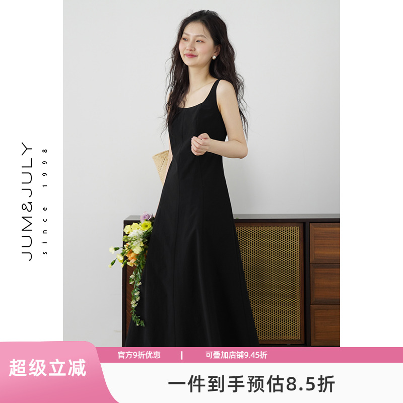 嘉茱莉无袖背心吊带连衣裙女2025夏季新款法式气质收腰吊带裙长裙