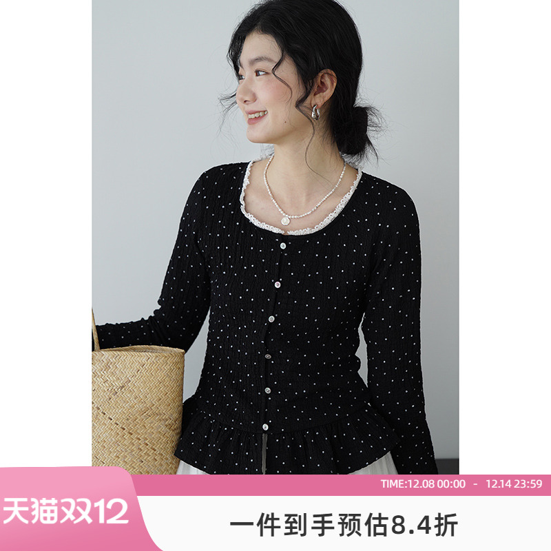 嘉茱莉黑色波点长袖T恤女2025春季新款高级感内搭上衣独特打底衫