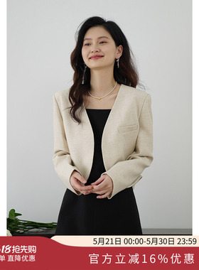 嘉茱莉2026新款黑色V领小西装外套女小个子短款西服外套小众上衣