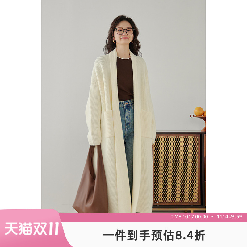 嘉茱莉2025春季新款长款针织开衫外套女宽松针织上衣V领毛衣毛衫