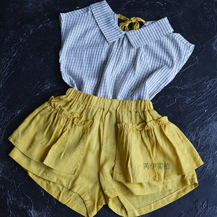 5折：韩国进口夏女童舒适露背娃娃领格子短袖上衣花边热裤短裤