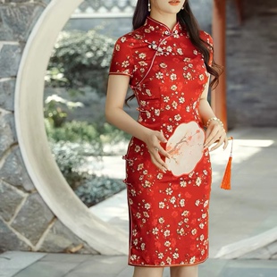 胭脂红印花旗袍连衣裙 桑蚕丝改良修身 女士真丝旗袍2023夏季 新款