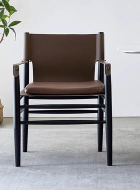 中古餐椅家用侘寂风马鞍皮椅子设计师款高级感靠背椅办公室扶手椅