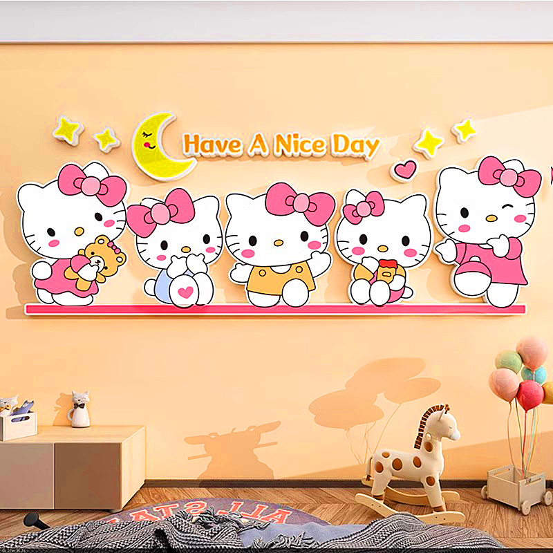 hellokitty猫公主房间布置床头背景墙面装饰女孩儿童房卧室贴纸画图片