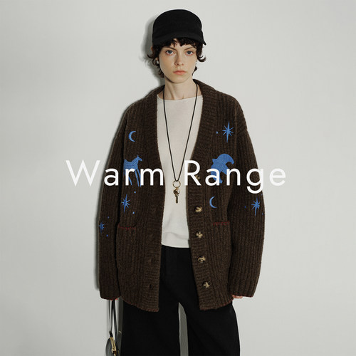 Warm Range“夜行星语”趣味刺绣含羊毛混纺毛针织开衫女毛衣外套