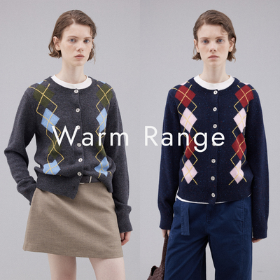 Warm Range 菱形格毛针织衫女秋冬新款复古百搭通勤羊毛开衫毛衣