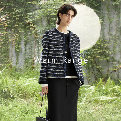 Warm Range中古风早秋绒感羊毛花呢手工珠片直角肩小香风短外套女