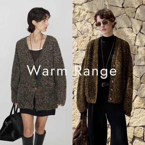 Warm Range 圈圈羊毛混纺厚针织开衫秋冬中长款V领花纱毛衣外套女