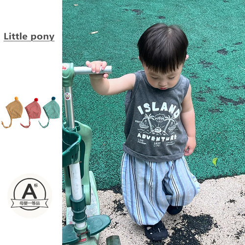 儿童衣服夏季新款2025男宝宝印花无袖上衣条纹裤子两件套男童套装