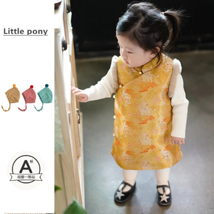 宝宝冬季新款夹棉旗袍裙女童新中式保暖加厚背心裙生日周岁两件套