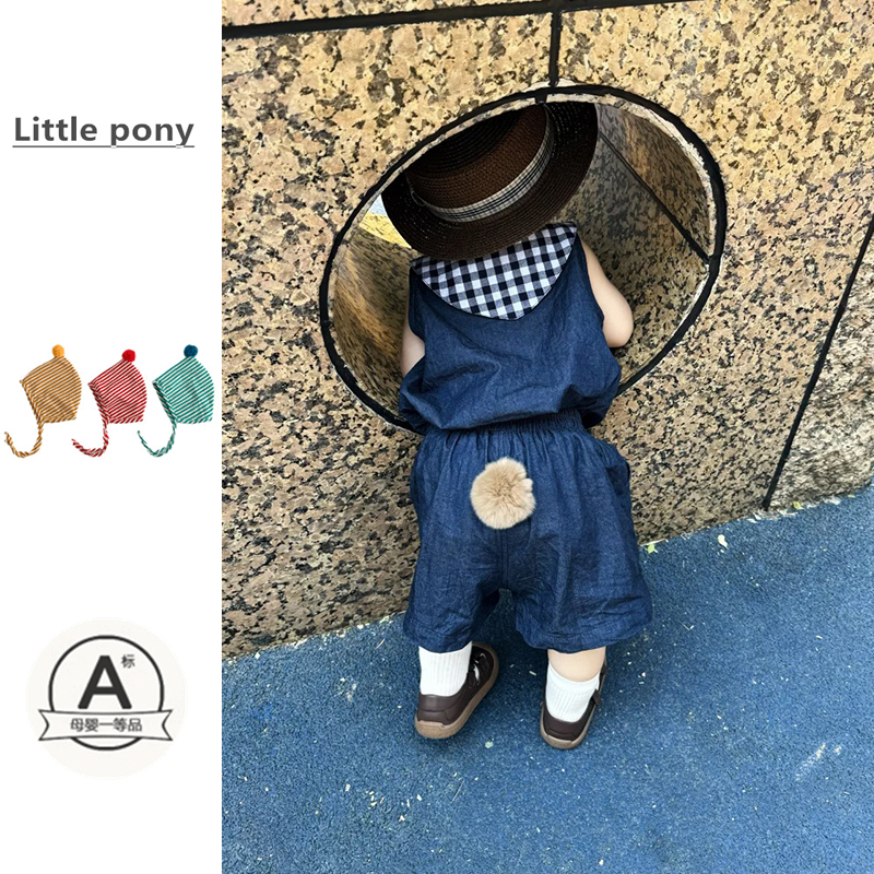 婴儿衣服夏季薄款套装男女宝格子拼接无袖背心短裤两件套可爱套装