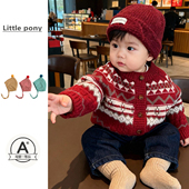 婴儿冬季 费尔岛风红色针织开衫 男女宝宝可爱圣诞毛衣外套针织上衣