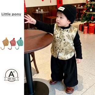 宝宝秋冬新中式马甲套装男童中国风背心针织衫两件套生日周岁唐装