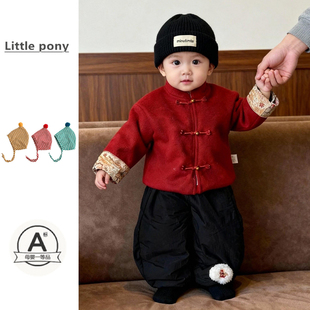 男童中国风拜年服冬装加厚红色盘扣外套保暖新中式上衣棉裤周岁服