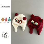 宝宝冬季 保暖加厚毛绒帽男女童红色喜庆醒狮护耳帽可爱外出防风帽