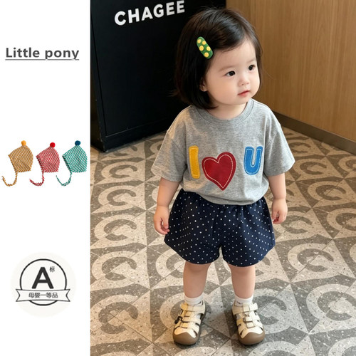婴儿夏季新款可爱短袖T恤女宝宝百搭圆领上衣半袖T恤短裤两件套潮