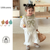 新款 女宝宝可爱蝴蝶结长袖 上衣花边阔腿裤 婴儿衣服2026春装 子套装