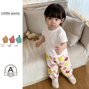 子夏季 透气束脚裤 新款 宽松薄款 百搭 男女宝宝可爱番茄防蚊裤 儿童裤