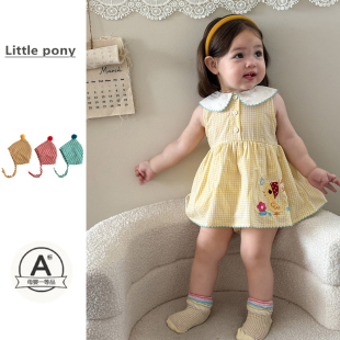 可爱娃娃领无袖 韩版 背心裙宝宝超萌格子包屁裙 新款 女童连衣裙夏季