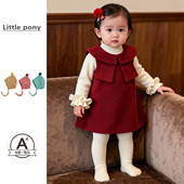 婴儿冬季 新款 毛呢背心裙女童红色喜庆新年公主裙加厚周岁生日礼服