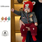 婴儿衣服春秋新款 针织开衫 男女童可爱卡通毛衣外套红色新年两件套