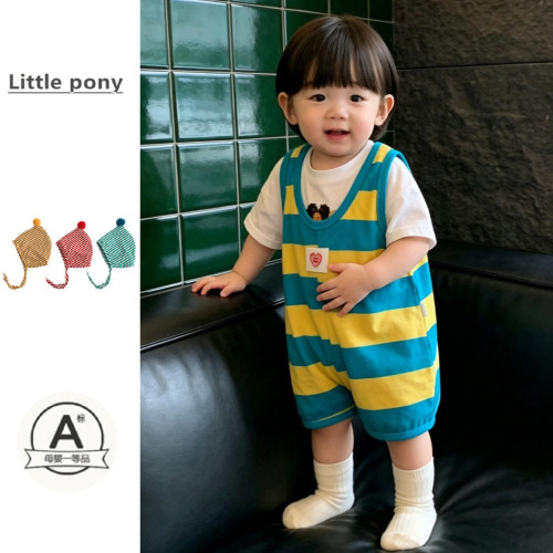 婴幼儿2026夏季新款背带裤套装儿童韩版条纹无袖连体裤短袖两件套