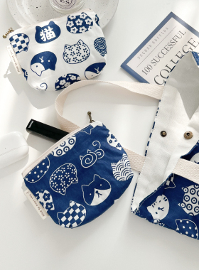 蓝色和风猫 大号棉布拉链零钱包女短款大容量收纳包卫生棉包